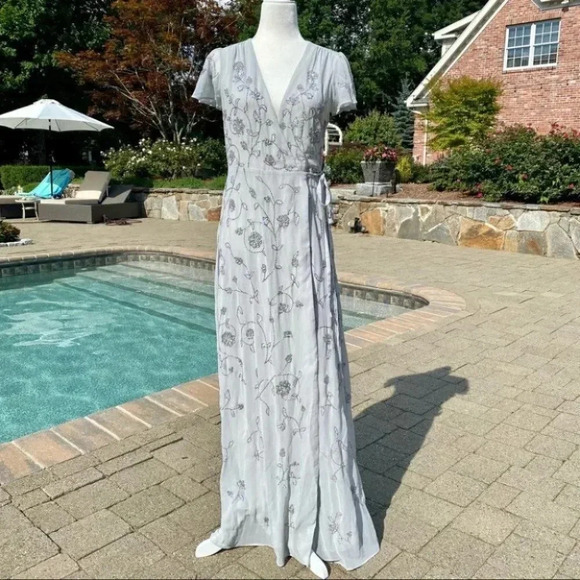 NWT Anthropologie BHLDN Plymouth Maxi Wrap Dress Fog Wedding Beaded Size 4 - Picture 2 of 14
